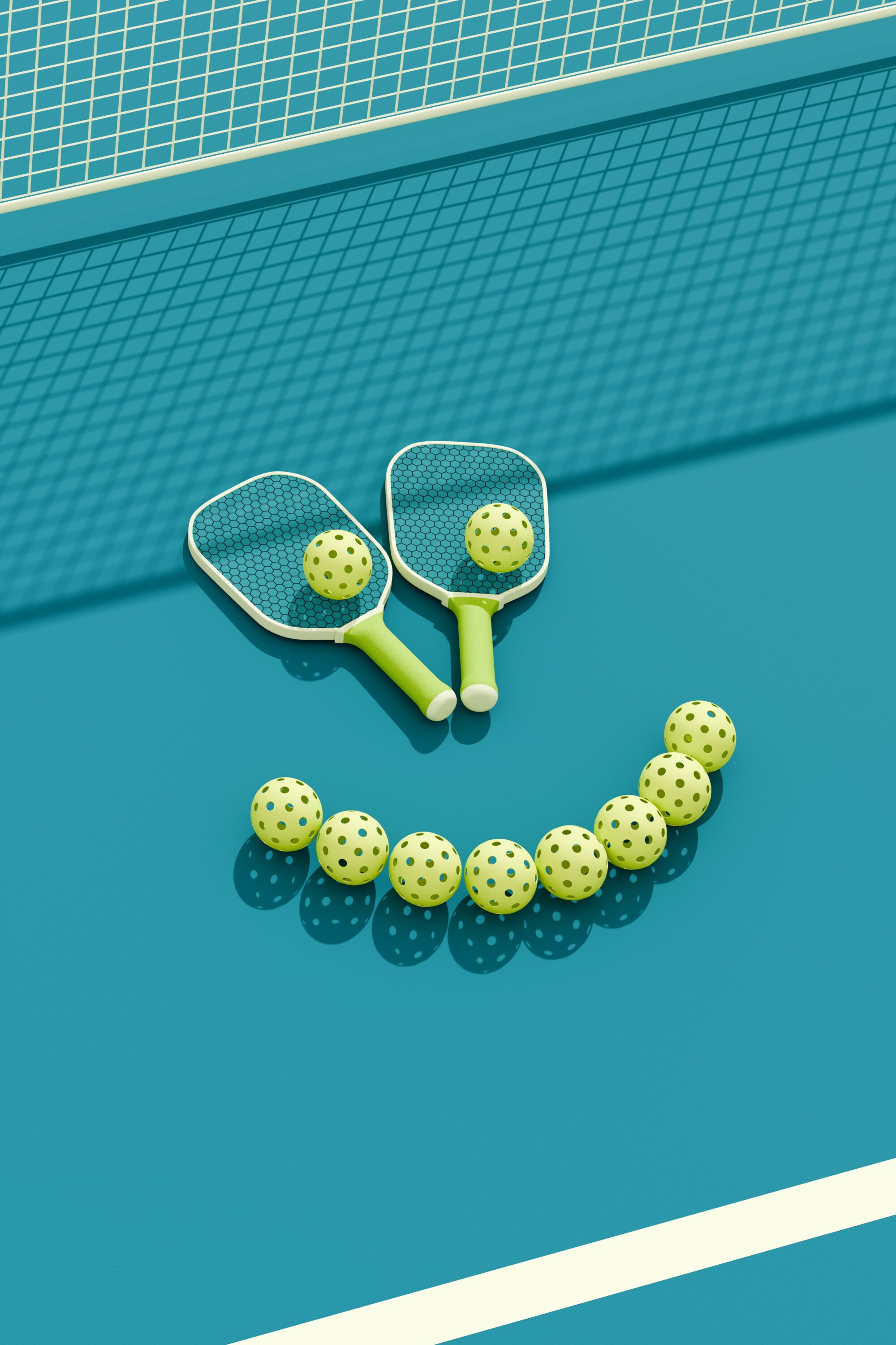 Pickleball sport equipments. Two rackets and balls on court, laid out in the form of a cheerful smiley face. Top view. 3d illustration, render.